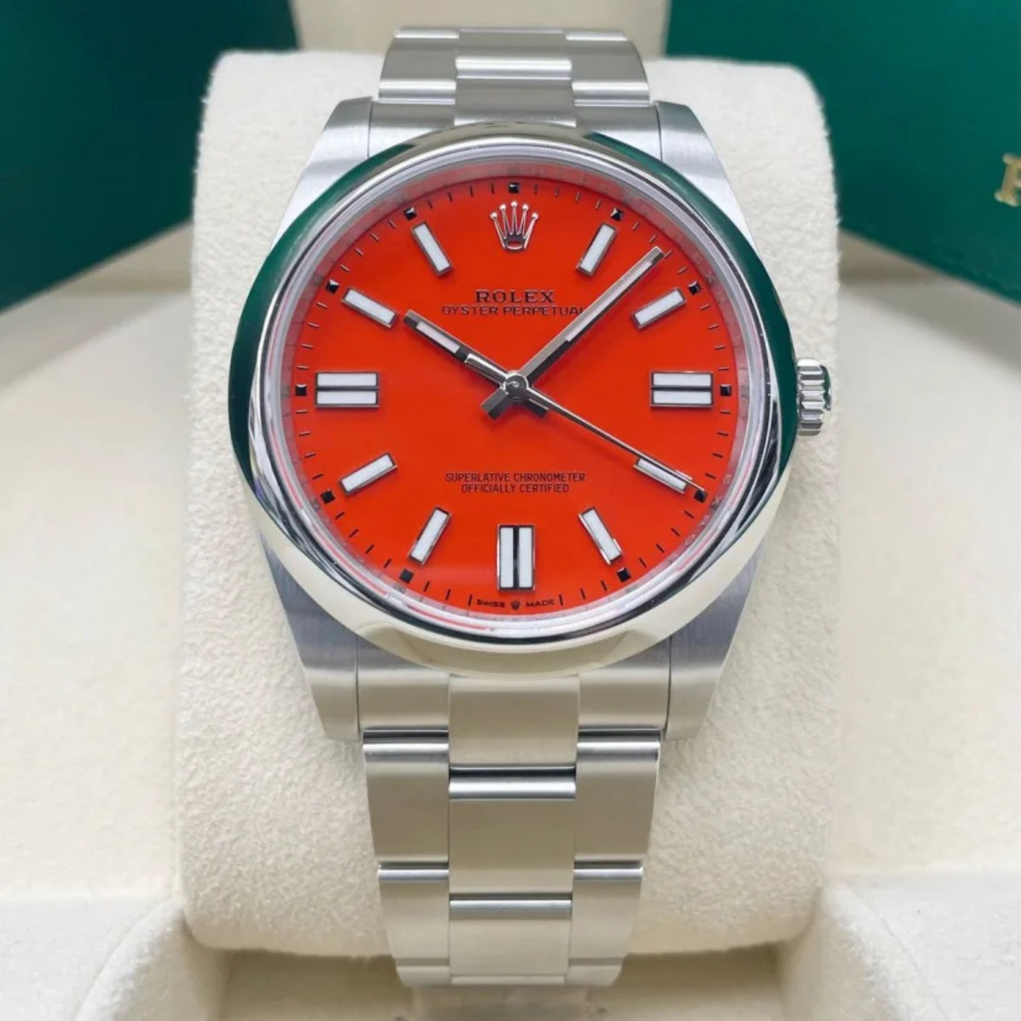 Rolex Oyster Perpetual 41 Coral Red Dial Steel Mens Watch 124300 41mm