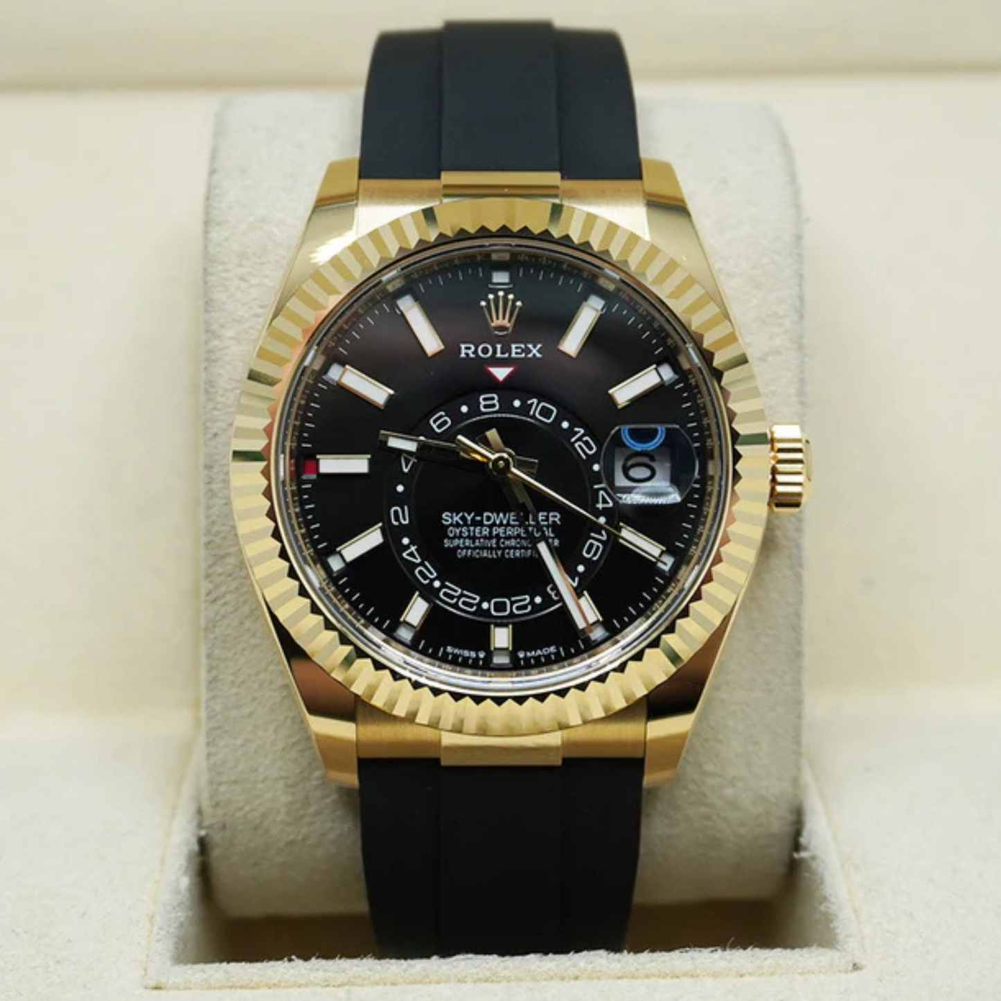 Rolex Sky-Dweller Yellow Gold Black Dial Oysterflex Mens Watch 336238 42mm