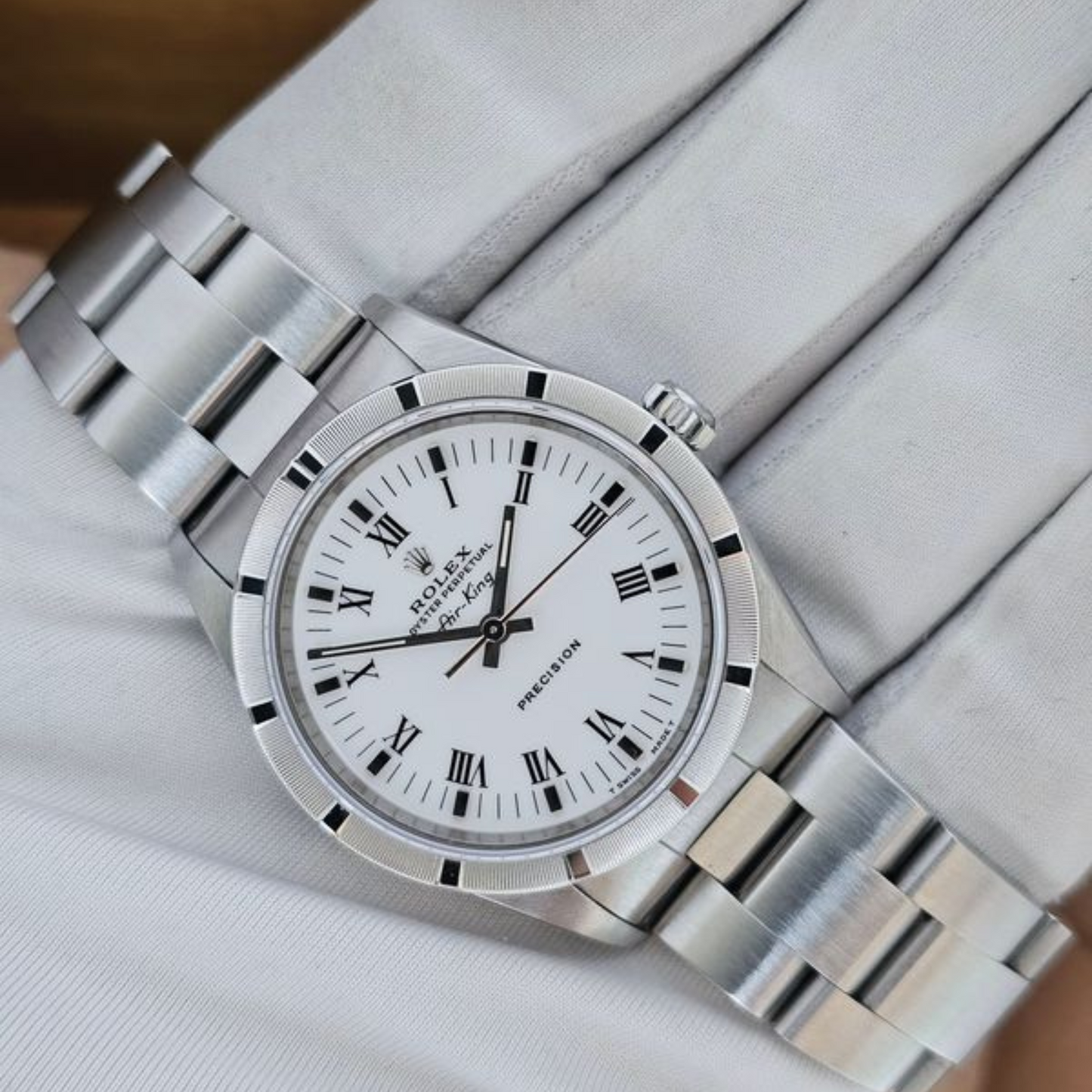 Rolex Air King 34 White Roman Dial Steel Mens Watch 14010 34mm