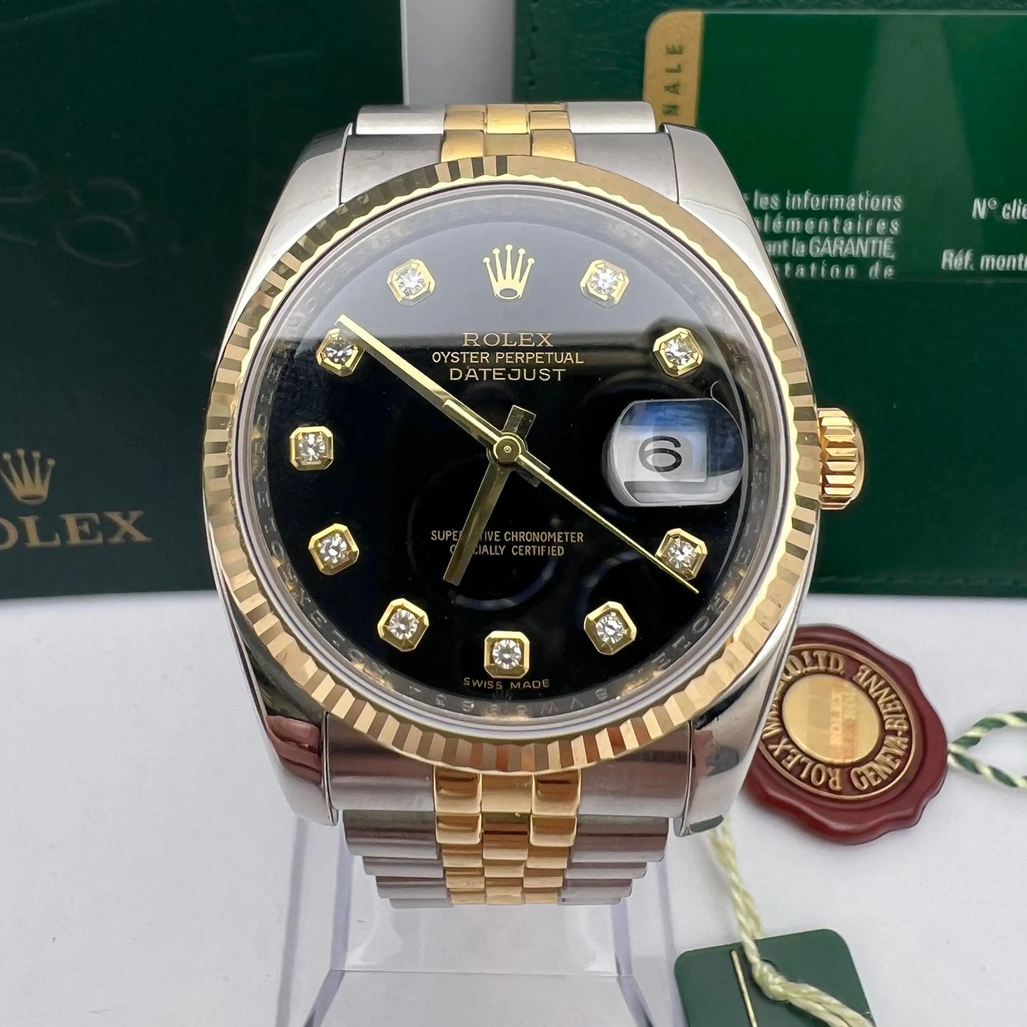 Rolex Datejust 36 Steel Yellow Gold Black Diamond Dial Mens Watch 116233 36mm