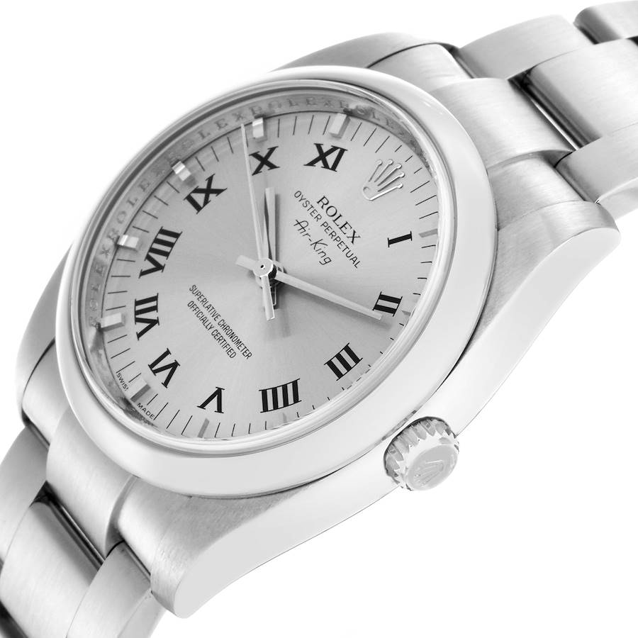 Rolex Air King Silver Roman Dial Stainless Steel Mens Watch 114200 34mm