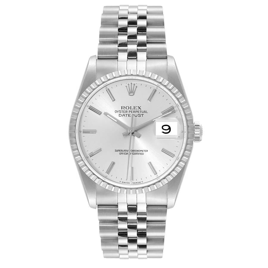 Rolex Datejust 36 Silver Dial Engine Turned Bezel Steel Mens Watch 16220 36mm