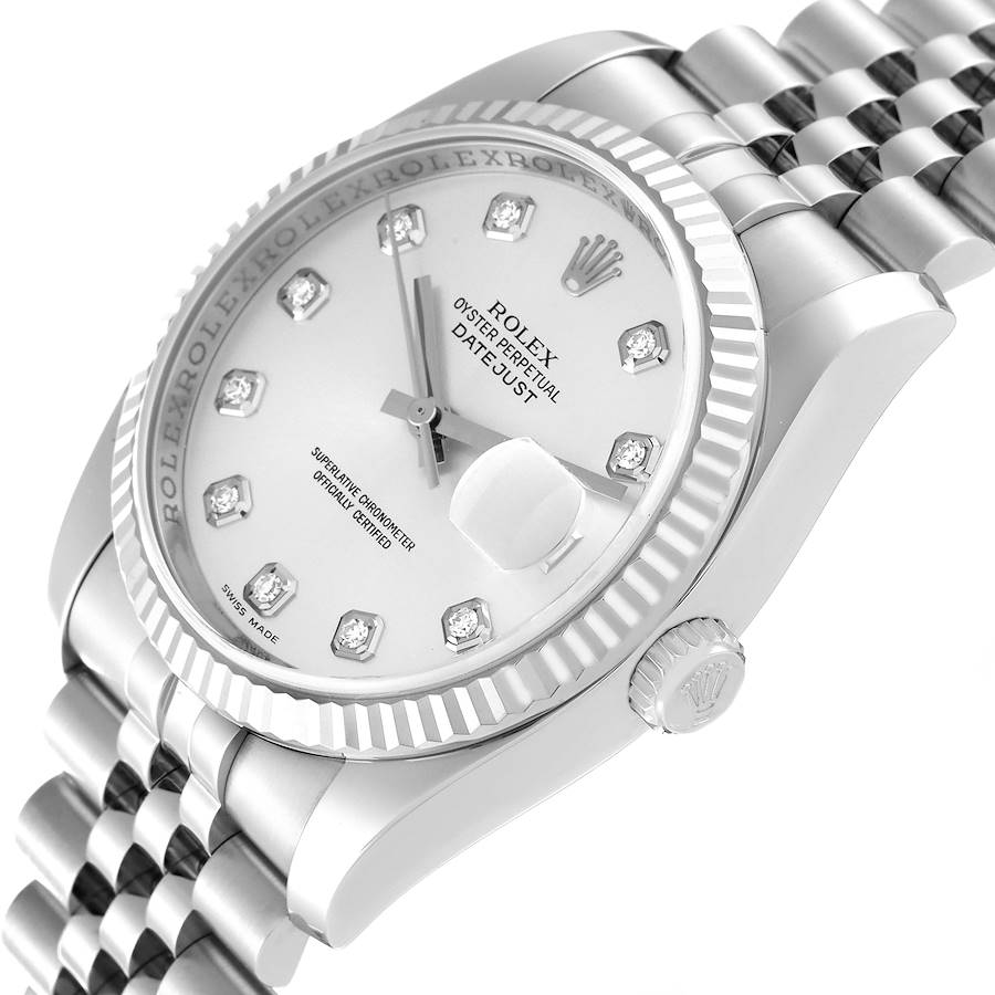 Rolex Datejust 36 Steel White Gold Silver Diamond Dial Mens Watch 116234 36mm