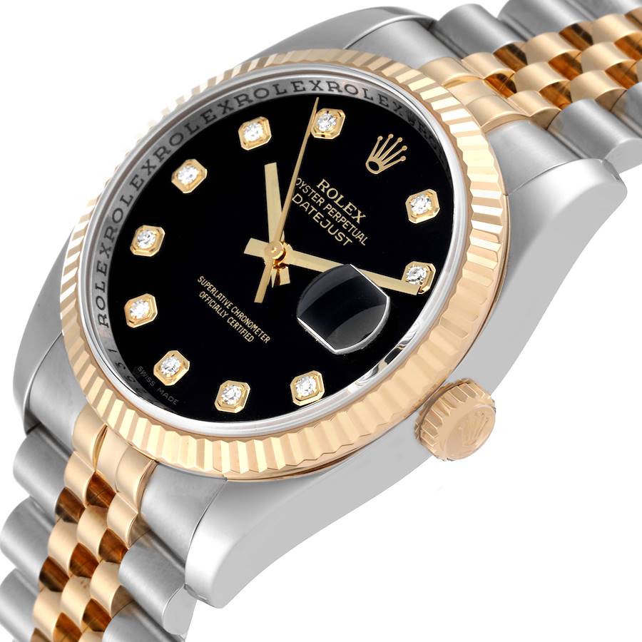 Rolex Datejust 36 Steel Yellow Gold Black Diamond Dial Mens Watch 116233 36mm