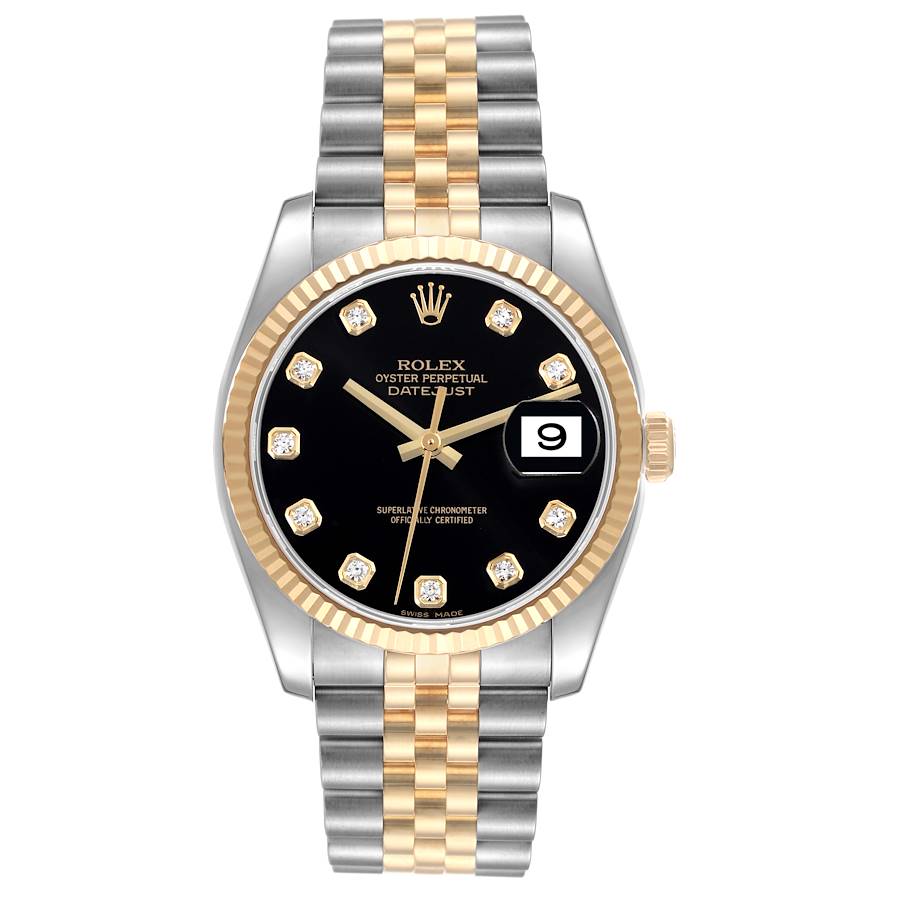 Rolex Datejust 36 Steel Yellow Gold Black Diamond Dial Mens Watch 116233 36mm