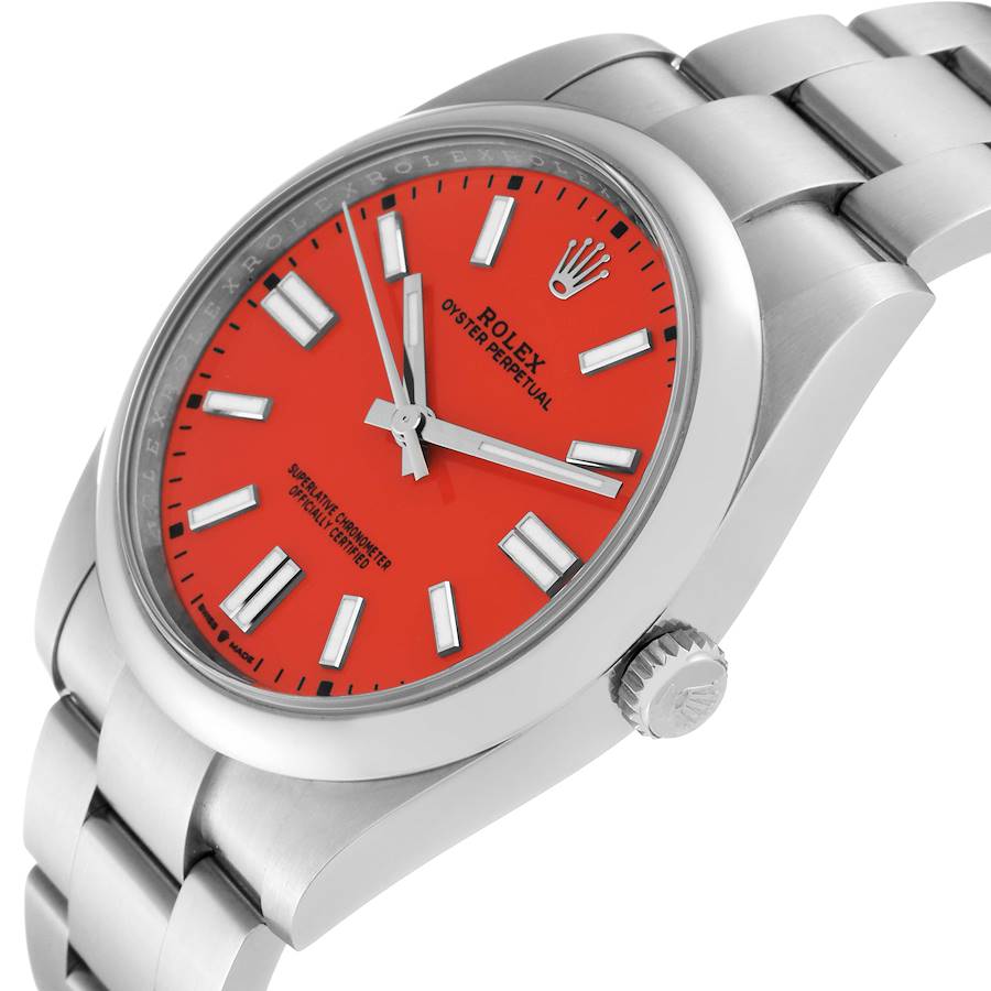 Rolex Oyster Perpetual 41 Coral Red Dial Steel Mens Watch 124300 41mm