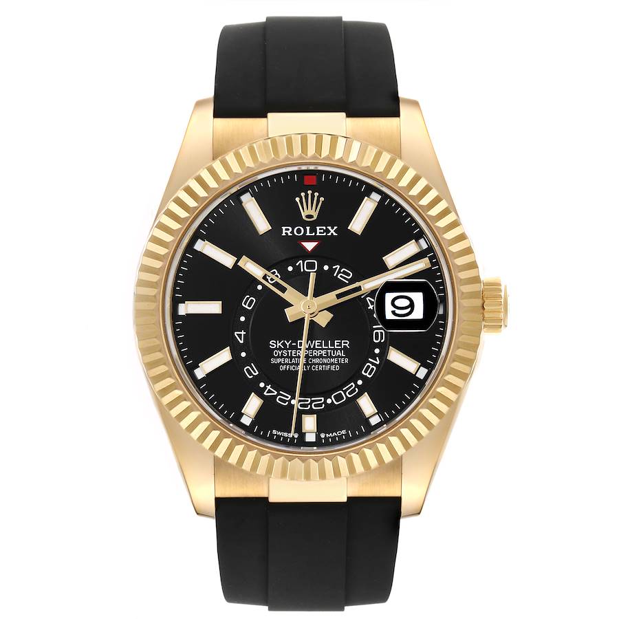 Rolex Sky-Dweller Yellow Gold Black Dial Oysterflex Mens Watch 336238 42mm