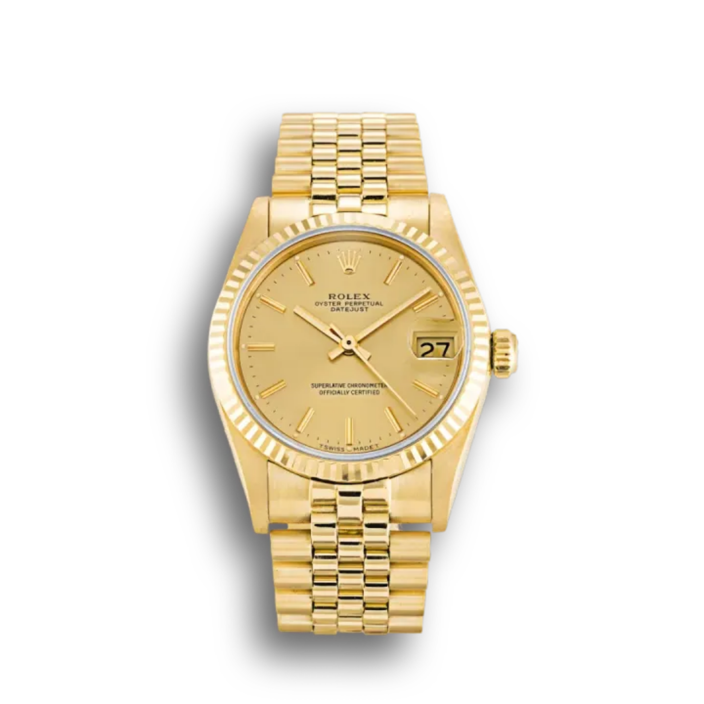 Midsize Rolex Datejust President Solid 18K Yellow Gold Watch Champagne Baton Dial 68278