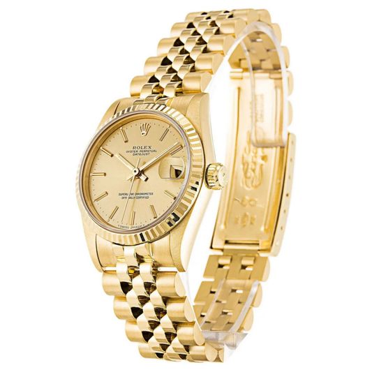 Midsize Rolex Datejust President Solid 18K Yellow Gold Watch Champagne Baton Dial 68278