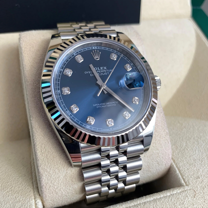 Rolex Datejust 41 Steel White Gold Blue Diamond Mens Watch 126334 41mm