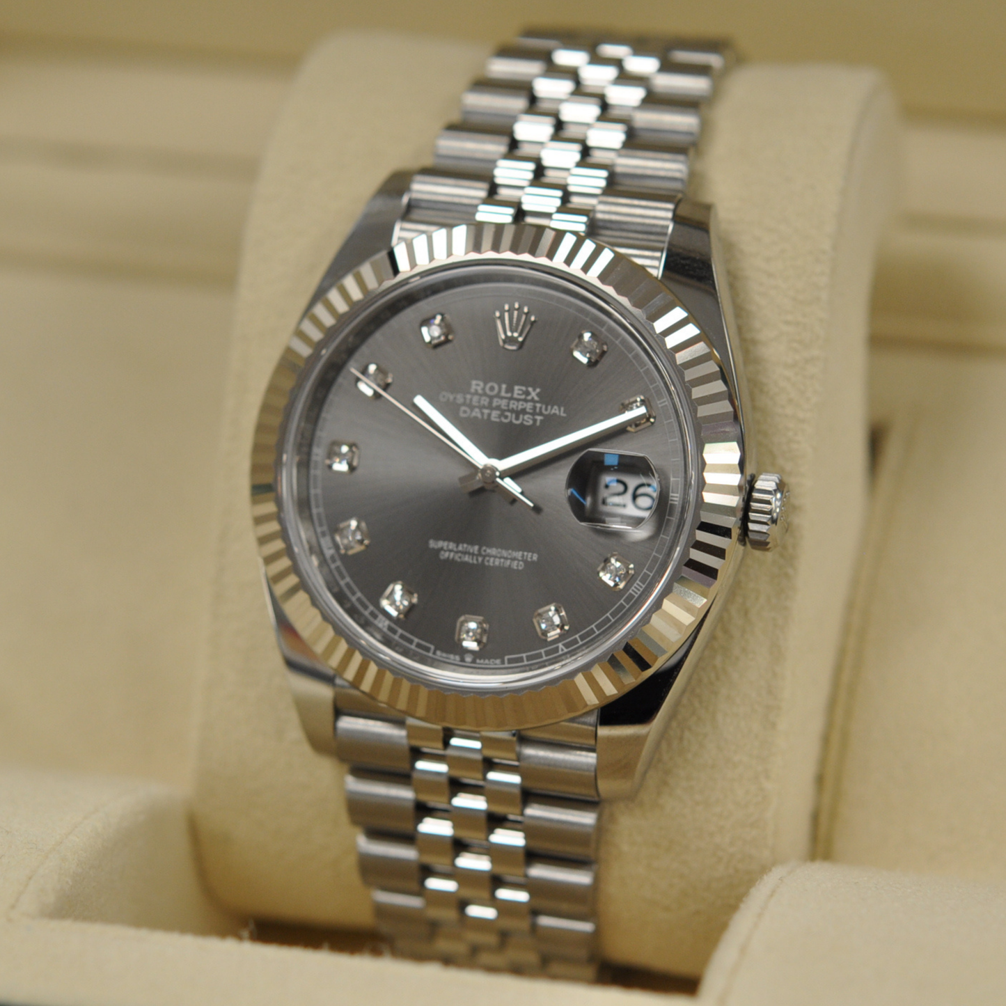 Rolex Datejust 41 Steel White Gold Slate Diamond Dial Mens Watch 126334 41mm