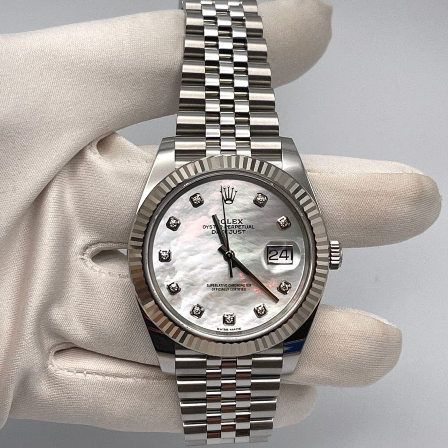 Rolex Datejust 41 Steel White Gold Mother Of Pearl Diamond Dial Mens Watch 126334 41mm