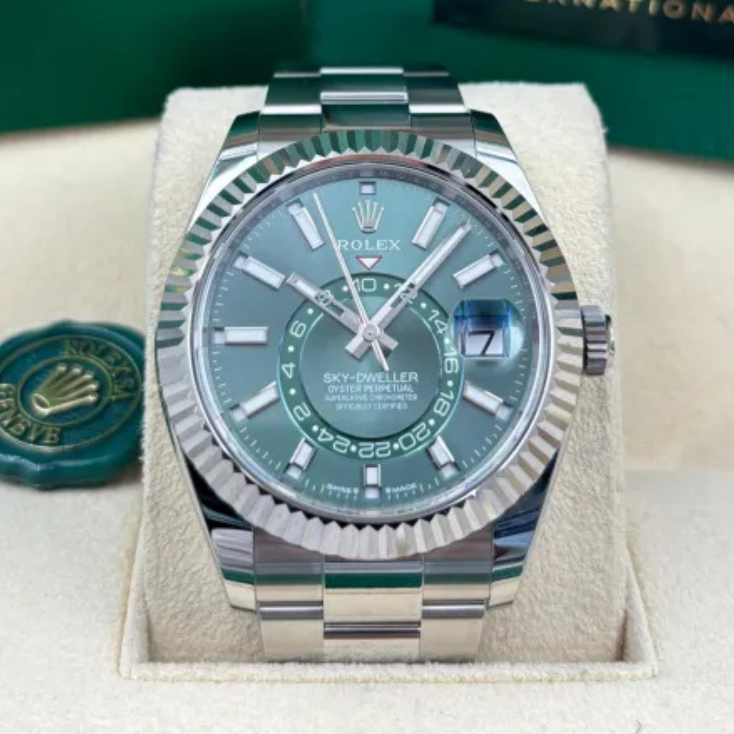 Rolex Sky-Dweller Steel White Gold Green Dial Mens Watch 336934 42mm