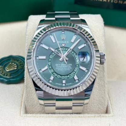 Rolex Sky-Dweller Steel White Gold Green Dial Mens Watch 336934 42mm