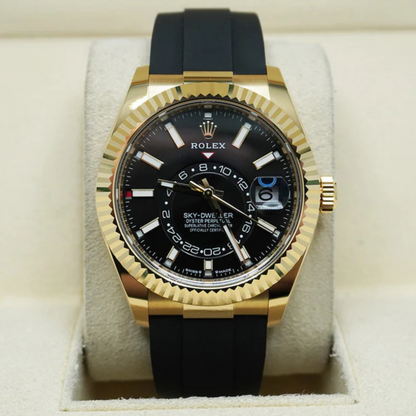 Rolex Sky-Dweller Yellow Gold Black Dial Oysterflex Mens Watch 336238 42mm