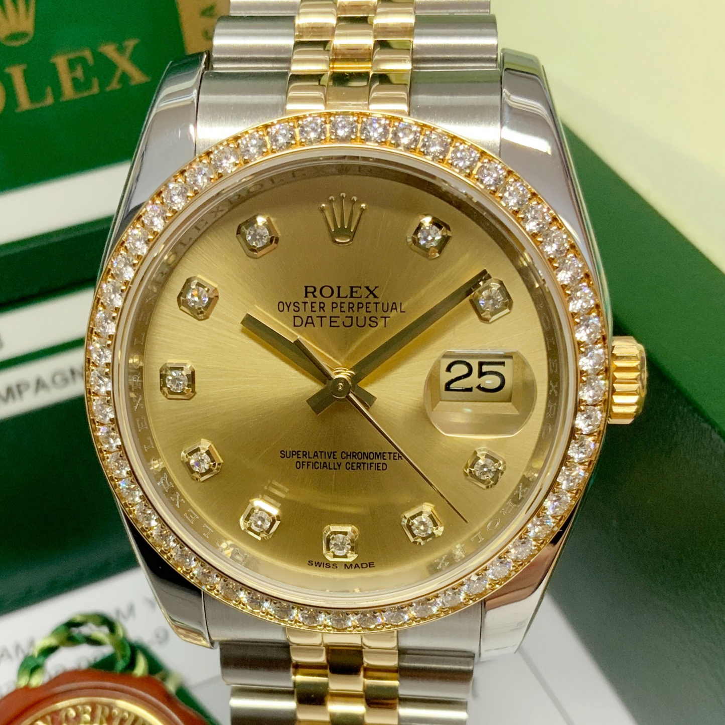 Rolex Datejust Champagne Dial Steel Yellow Gold Diamond Men's Watch 116243 36mm