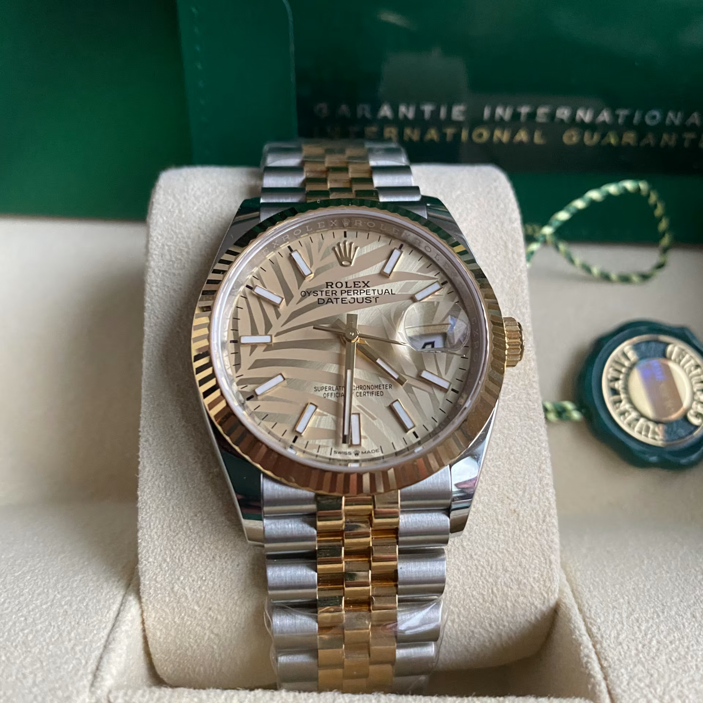 Rolex Datejust 36 Steel Yellow Gold Golden Palm Dial Mens Watch 126233 36mm
