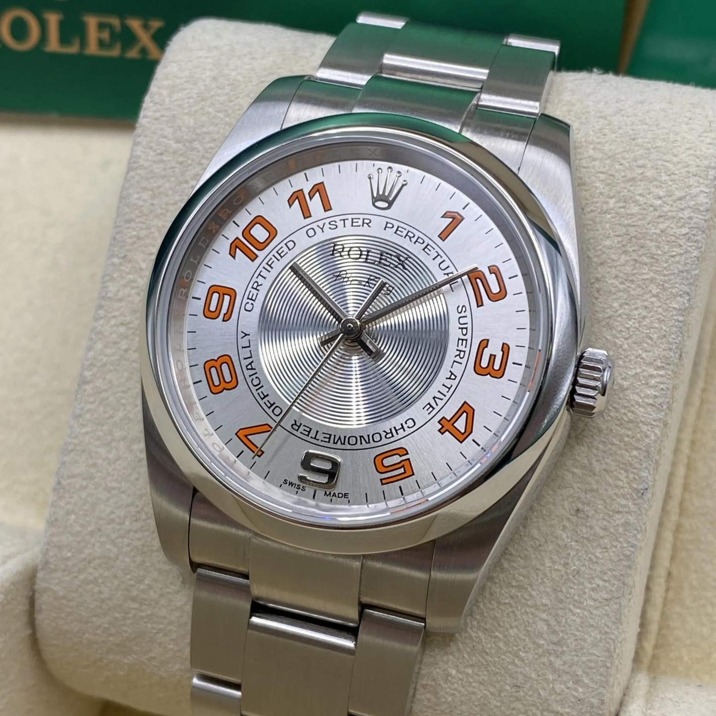 Rolex Air King 34 Concentric Silver Orange Dial Mens Watch 114200 34mm