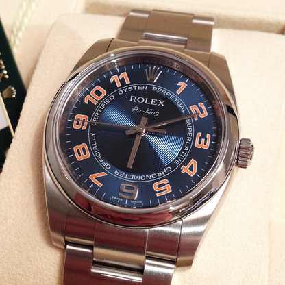 Rolex Air 34 King Blue Concentric Dial Steel Mens Watch 114200 34mm