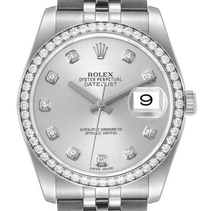 Rolex Datejust 36 Silver Diamond Dial Bezel Unisex Watch 116244 36mm