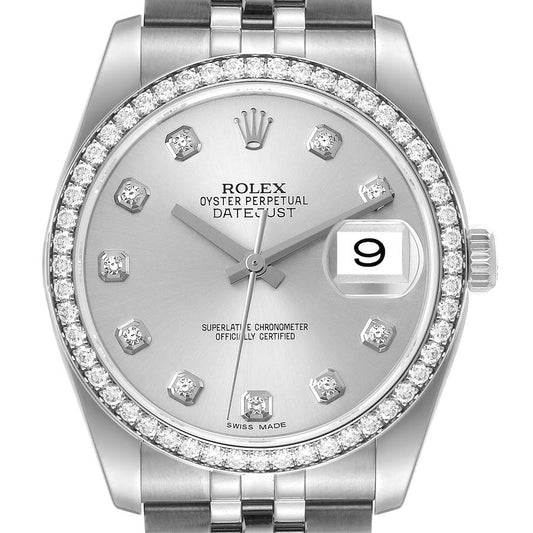 Rolex Datejust 36 Silver Diamond Dial Bezel Unisex Watch 116244 36mm