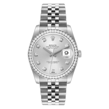 Rolex Datejust 36 Silver Diamond Dial Bezel Unisex Watch 116244 36mm