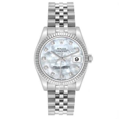 Rolex Datejust 31 Midsize Mother Of Pearl Diamond Dial Steel White Gold Watch 178274 31mm