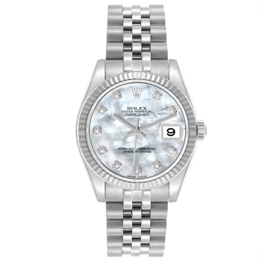 Rolex Datejust 31 Midsize Mother Of Pearl Diamond Dial Steel White Gold Watch 178274 31mm