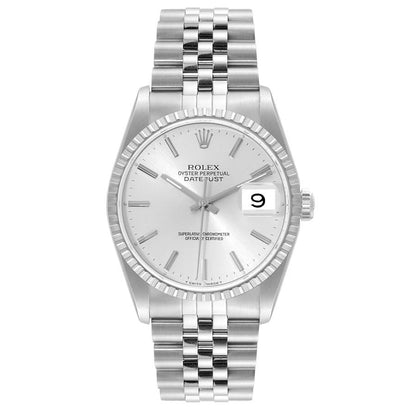 Rolex Datejust 36 Silver Dial Engine Turned Bezel Steel Mens Watch 16220 36mm