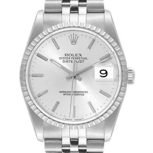 Rolex Datejust 36 Silver Dial Engine Turned Bezel Steel Mens Watch 16220 36mm
