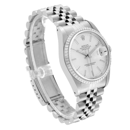 Rolex Datejust 36 Silver Dial Engine Turned Bezel Steel Mens Watch 16220 36mm