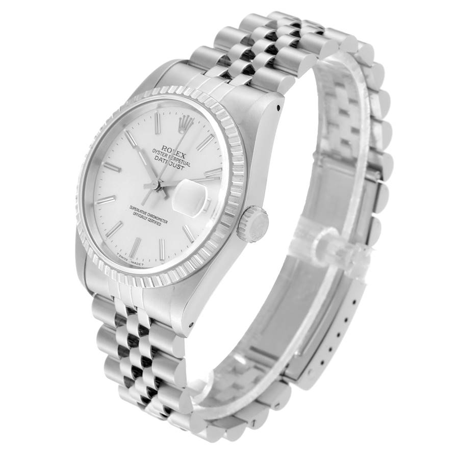 Rolex Datejust 36 Silver Dial Engine Turned Bezel Steel Mens Watch 16220 36mm