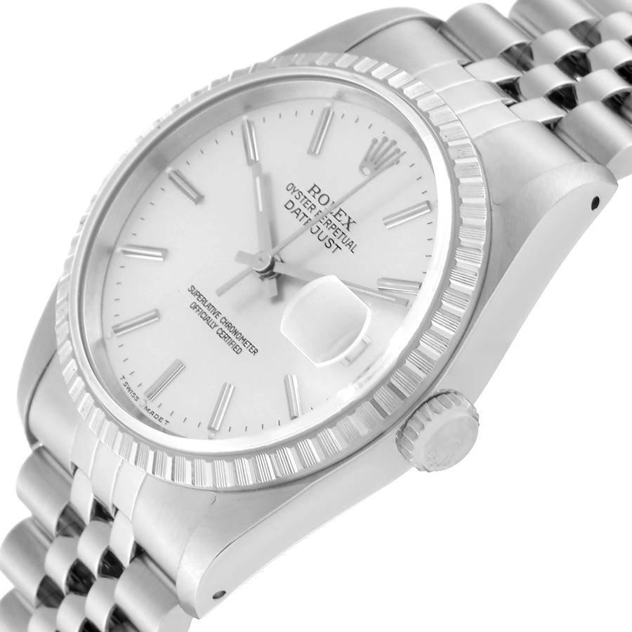 Rolex Datejust 36 Silver Dial Engine Turned Bezel Steel Mens Watch 16220 36mm