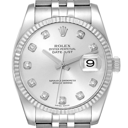 Rolex Datejust 36 Steel White Gold Silver Diamond Dial Mens Watch 116234 36mm