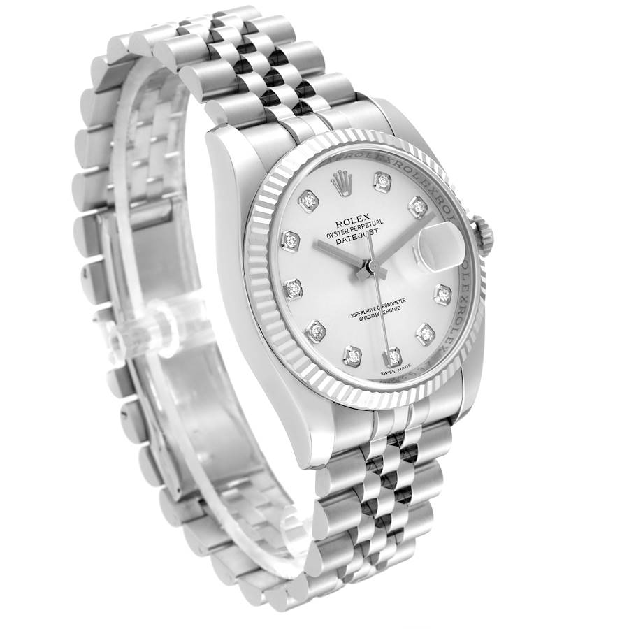 Rolex Datejust 36 Steel White Gold Silver Diamond Dial Mens Watch 116234 36mm