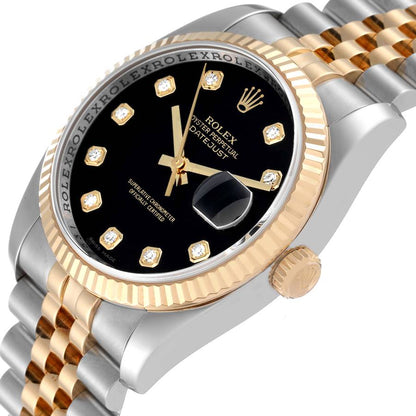 Rolex Datejust 36 Steel Yellow Gold Black Diamond Dial Mens Watch 116233 36mm