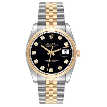 Rolex Datejust 36 Steel Yellow Gold Black Diamond Dial Mens Watch 116233 36mm