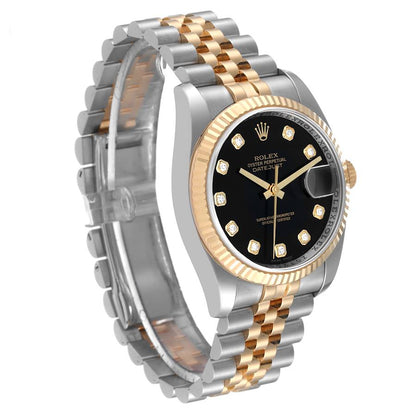 Rolex Datejust 36 Steel Yellow Gold Black Diamond Dial Mens Watch 116233 36mm