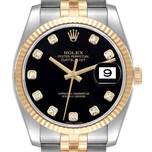 Rolex Datejust 36 Steel Yellow Gold Black Diamond Dial Mens Watch 116233 36mm