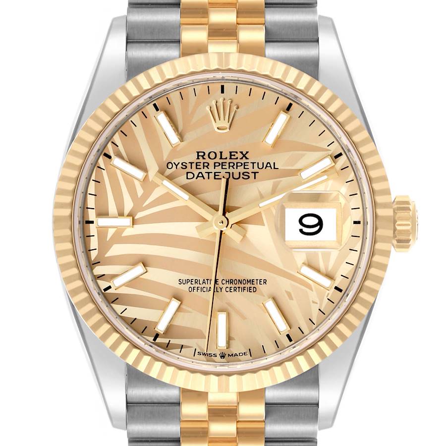 Rolex Datejust 36 Steel Yellow Gold Golden Palm Dial Mens Watch 126233 36mm