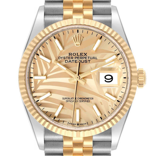 Rolex Datejust 36 Steel Yellow Gold Golden Palm Dial Mens Watch 126233 36mm