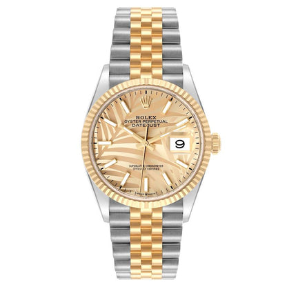 Rolex Datejust 36 Steel Yellow Gold Golden Palm Dial Mens Watch 126233 36mm
