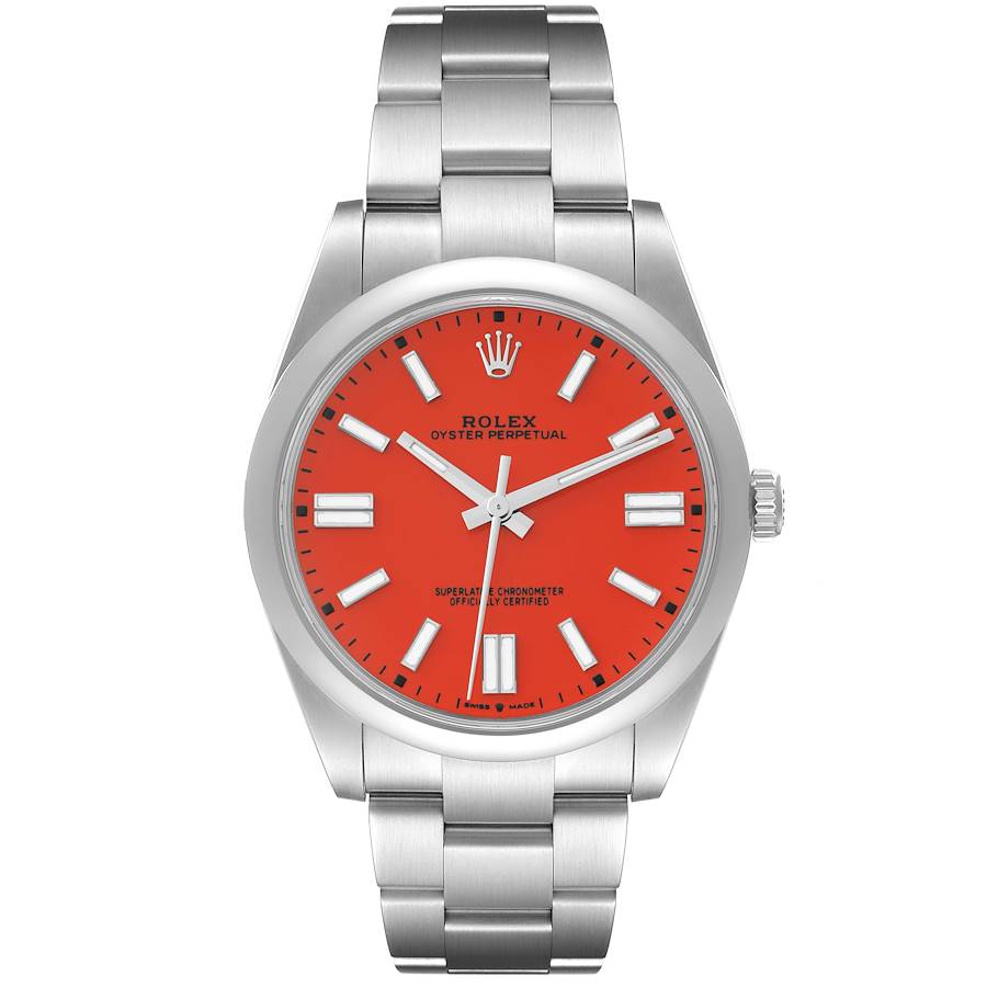 Rolex Oyster Perpetual 41 Coral Red Dial Steel Mens Watch 124300 41mm