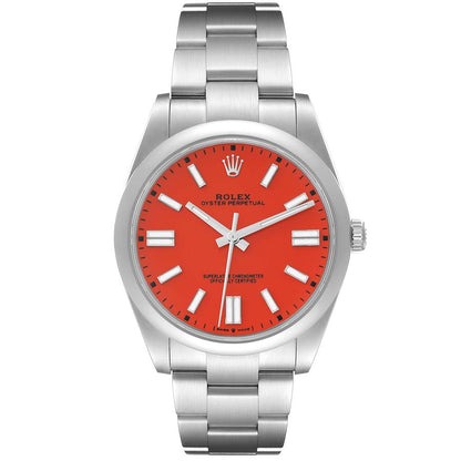 Rolex Oyster Perpetual 41 Coral Red Dial Steel Mens Watch 124300 41mm