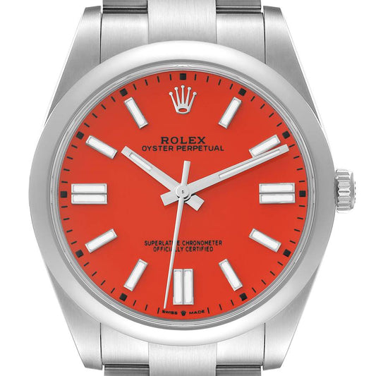 Rolex Oyster Perpetual 41 Coral Red Dial Steel Mens Watch 124300 41mm