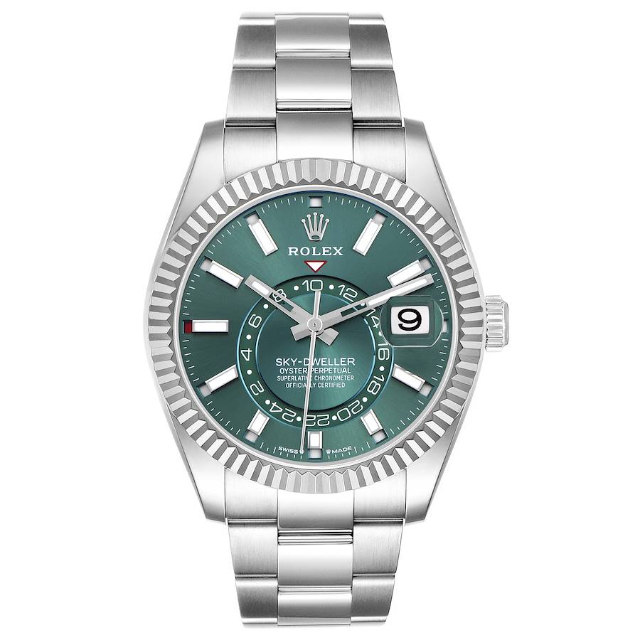 Rolex Sky-Dweller Steel White Gold Green Dial Mens Watch 336934 42mm