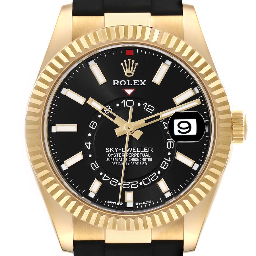 Rolex Sky-Dweller Yellow Gold Black Dial Oysterflex Mens Watch 336238 42mm