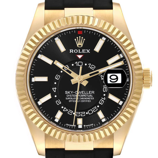 Rolex Sky-Dweller Yellow Gold Black Dial Oysterflex Mens Watch 336238 42mm